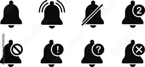 Collection of black silhouette bell icons with various symbols and notifications