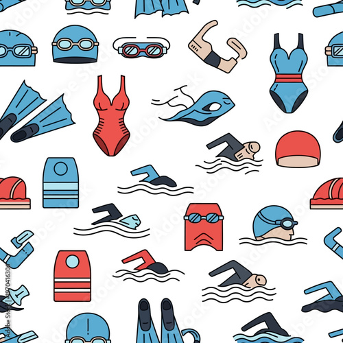 Collection of Swimming Gear and Athletes Seamless Pattern.