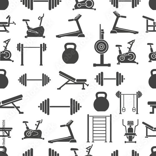 Seamless Pattern of Gym Equipment Icons for Fitness Design.