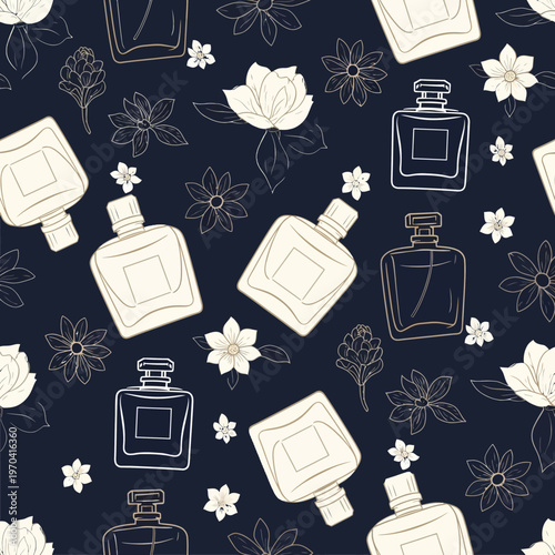 Elegant Perfume Bottles and Floral Accents Seamless Pattern.