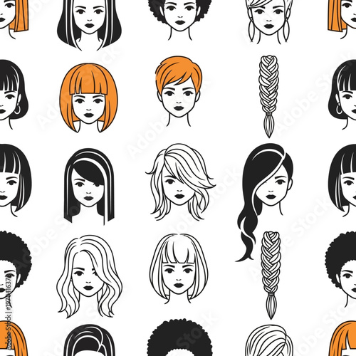 Diverse Collection of Stylized Female Hairstyles and Faces.