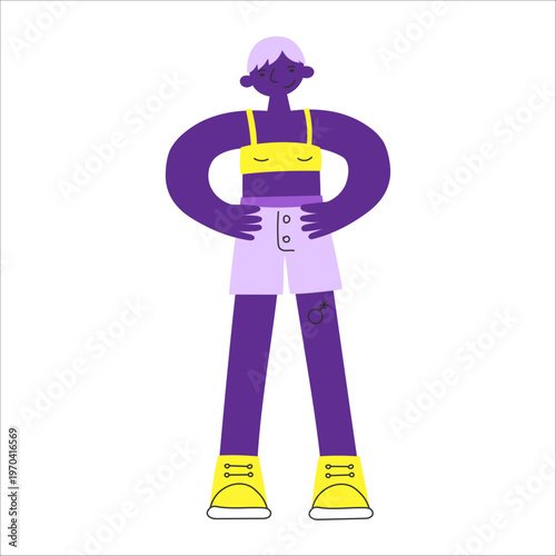 Feminine man of color with makeup in minimal flat style. Latino and black nonbinary person. Self-expression, individuality, confidence and modern gender identity concept.