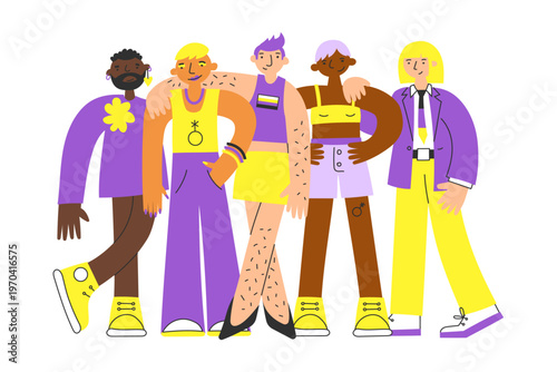 Group of diverse people together in nonbinary colors. Concept of identity, self-expression, individuality, freedom. LGBT pride concept. Minimal flat vector.