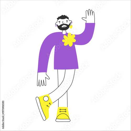 Bearded nonbinary person in feminine clothing with enby flag colors in minimal flat style. Self-expression, confidence, individuality and breaking gender stereotypes. Diversity, inclusion, lgbt pride.