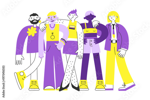 Group of diverse people together in nonbinary colors. Concept of identity, self-expression, individuality, acceptance, equality, inclusion, community, support, freedom. Minimal flat vector.