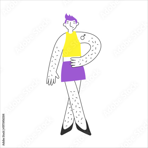 Modern androgynous nonbinary character with enby flag colors in minimal flat style. Gender expression, individuality, confidence and self-acceptance concept. LGBT pride, diversity, inclusion.