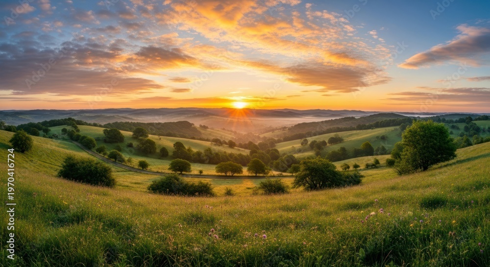 Fototapeta premium Panoramic landscape capturing a sunrise over rolling hills and lush greenery, soft morning light