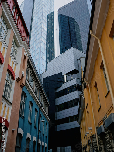 Narrow alley with colorful and modern buildings