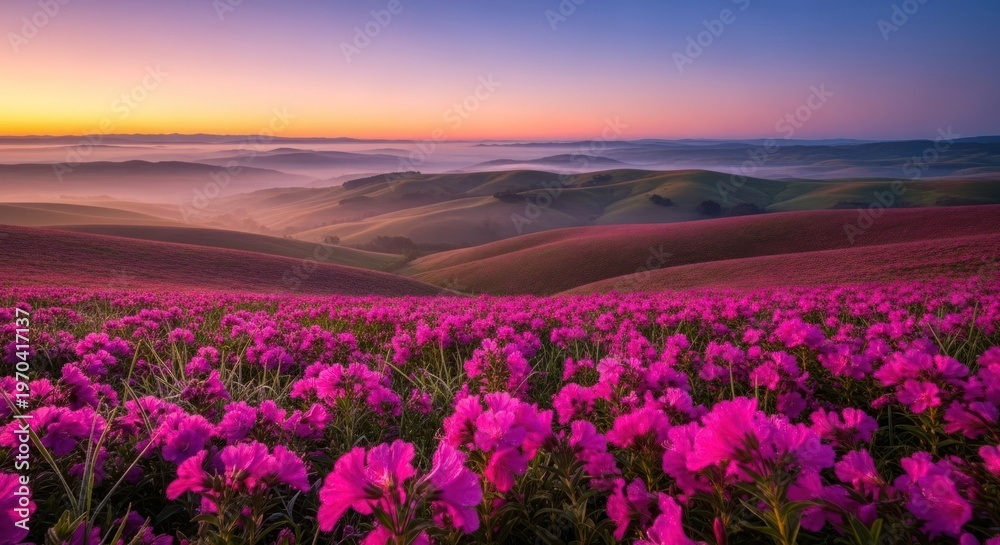 Fototapeta premium Sunrise over rolling hills, blanketed in vibrant magenta wildflowers