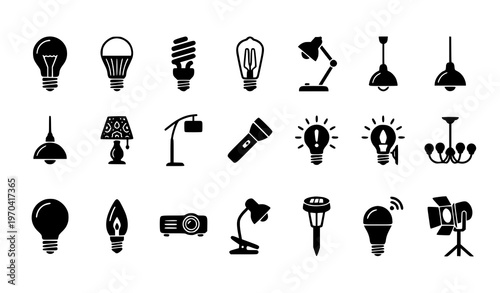 Light bulb and lamp silhouette icon set for idea concept and creative logo design isolated on white background