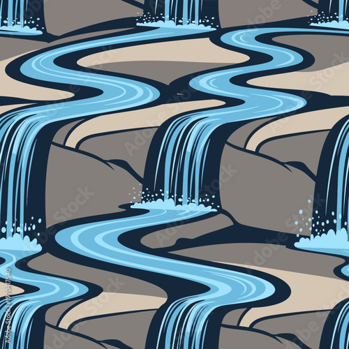 Stylized Waterfall and River Flowing Over Rocks.