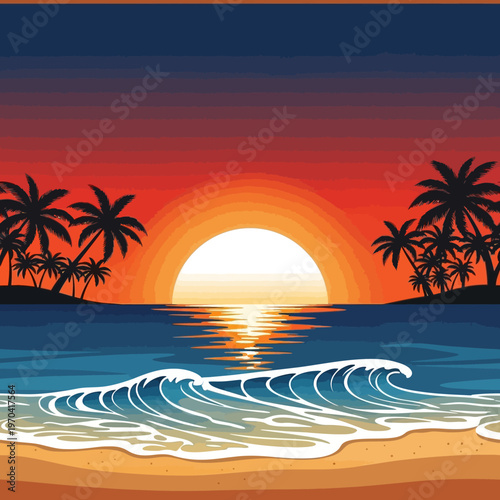 Vibrant Tropical Beach Sunset with Palm Trees and Ocean Waves.