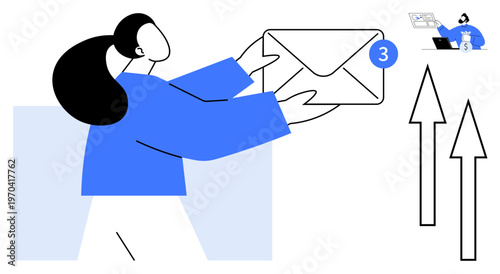 Email communication, digital networking, message notifications, remote work, online messaging, electronic mail delivery. Person holding an envelope with a notification badge. Email communication