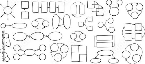 Set of hand-drawn doodle flowcharts and infographic diagram elements. Collection of sketched process charts, connection arrows, and circular cycles for business presentation. Vector illustration.