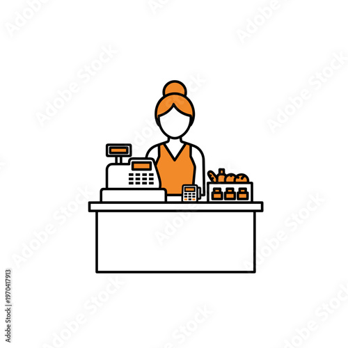 Shop Assistant at Counter Minimal Line Art Retail Service and Customer Support Concept Vector