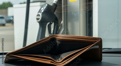 Empty leather wallet inside car at gas station. Driver cannot afford fuel due to high prices and inflation. Economic crisis and personal poverty concept, financial struggle for motorists.