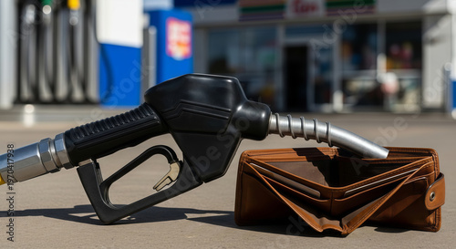 Fuel nozzle inserted into empty leather wallet on ground at gas station. Economic impact of high oil prices. Concept of global energy crisis, inflation and expensive cost of living today.