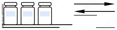 Medical supplies, vaccination programs, production, pharmaceutical logistics, distribution patterns, healthcare efficiency. Three medicine vials and directional arrows. Medical supplies