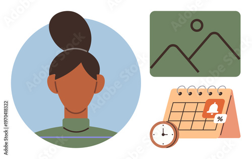 Social media, organization, time management, scheduling, reminders, profile management. A female avatar with a calendar, clock and placeholder image. Social media and time management