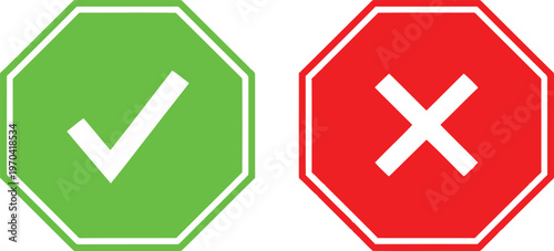 A green checkmark and a red cross sign for indicating correct and incorrect choices on a white Vector