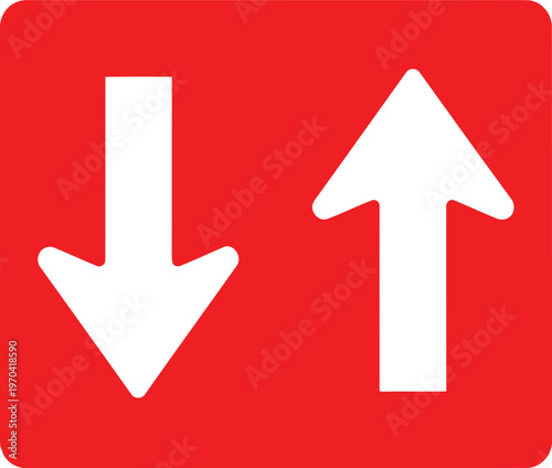 A red rectangular sign featuring two white arrows pointing in opposing vertical directions now. Vector