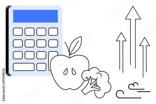 Healthy eating, nutrition planning, growth trends, calorie counting, food analysis, diet management. Calculator with an apple, broccoli and upward arrows. Nutrition planning and healthy eating