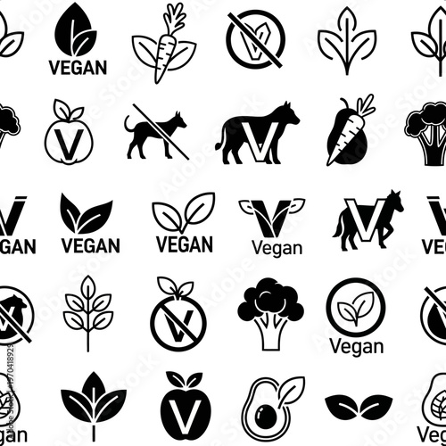 Collection of Vegan and Vegetarian Food Symbols and Icons.