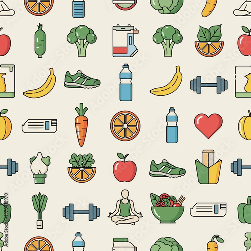 Healthy Lifestyle Icons Seamless Pattern for Fitness and Nutrition.