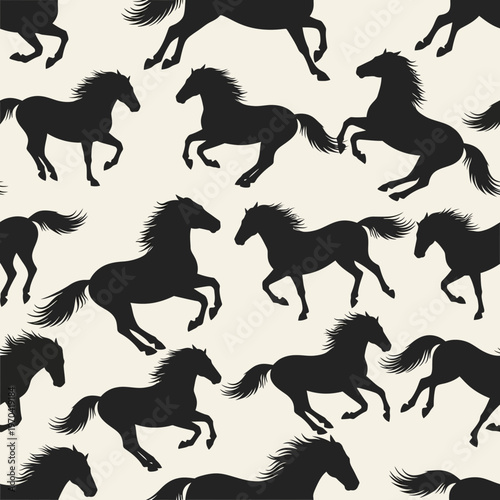Seamless Pattern of Galloping Horse Silhouettes on Cream Background.