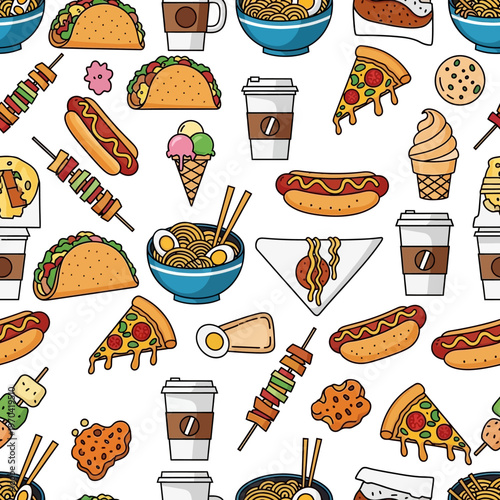 Delicious Fast Food and Snacks Assortment Pattern.
