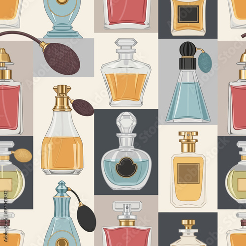 Collection of elegant perfume bottles displayed in a repeating pattern.