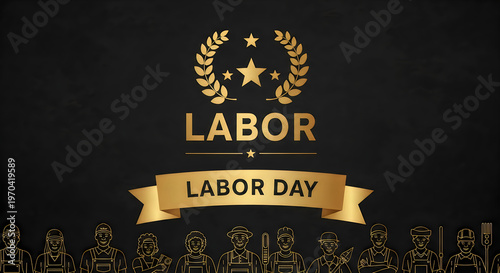 A labor day graphic with a black background and a gold banner