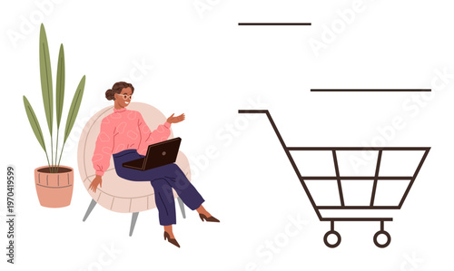 E-commerce, digital purchasing, online shopping trends, business technology, remote work, consumer behavior. Woman with a laptop near a shopping cart icon. E-commerce and digital purchasing concepts