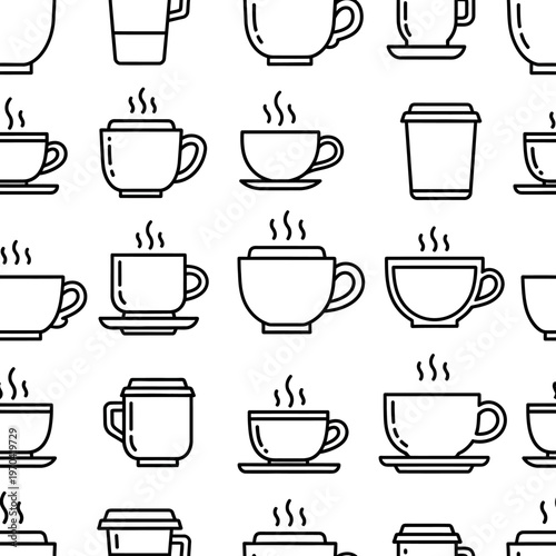 Seamless Pattern of Various Coffee Cup Designs.
