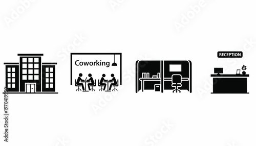 Office Building Coworking Space Cubicle Reception Desk Icons Set Vector Illustration