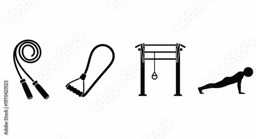 Fitness Equipment and Exercises Silhouettes Isolated on White