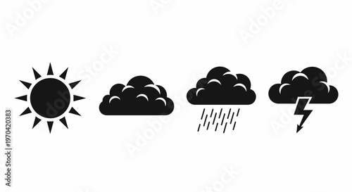 Weather Icons Black Sun Cloud Rain Lightning Flat Design Isolated on White Background