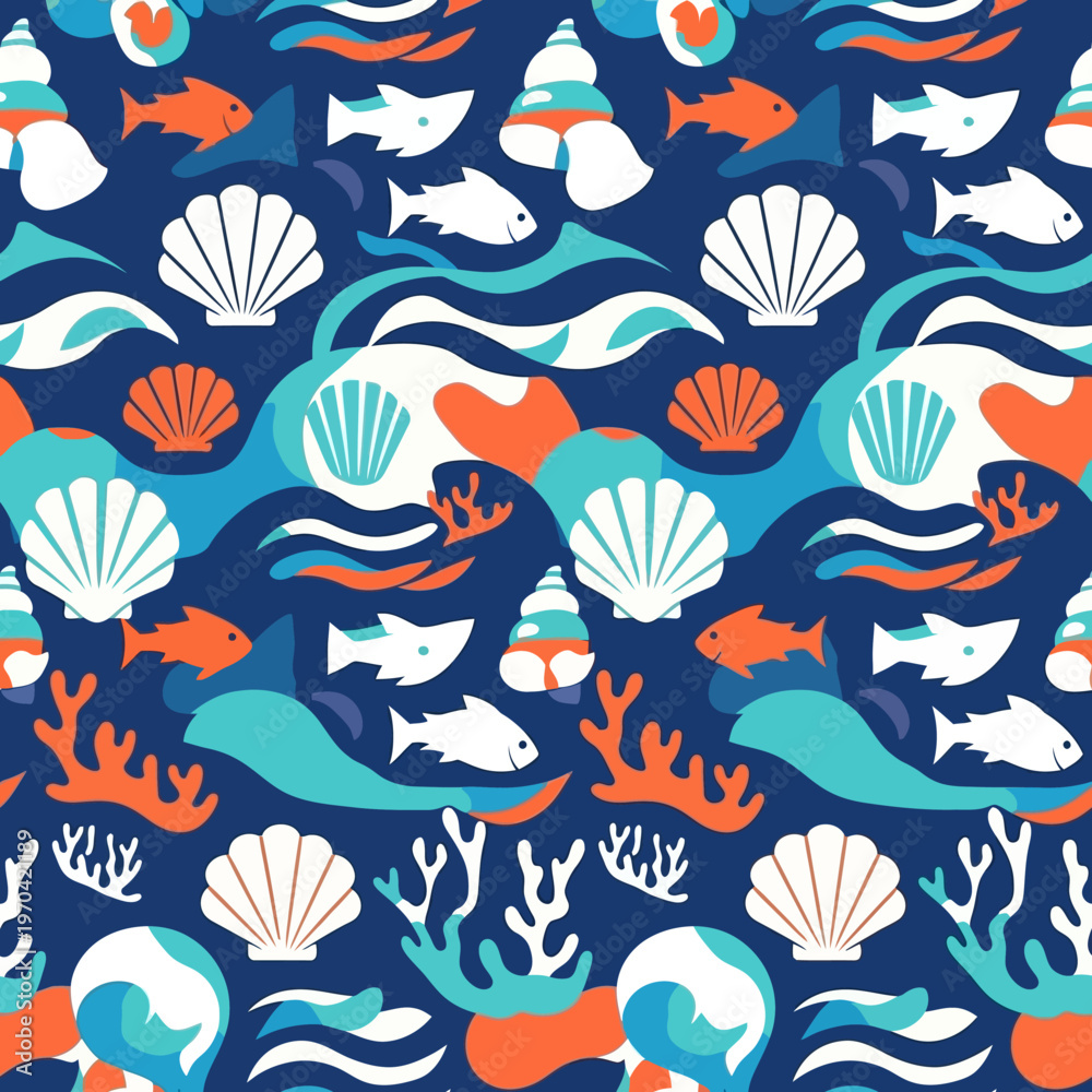 Fototapeta premium Seamless pattern of stylized marine life and ocean elements.