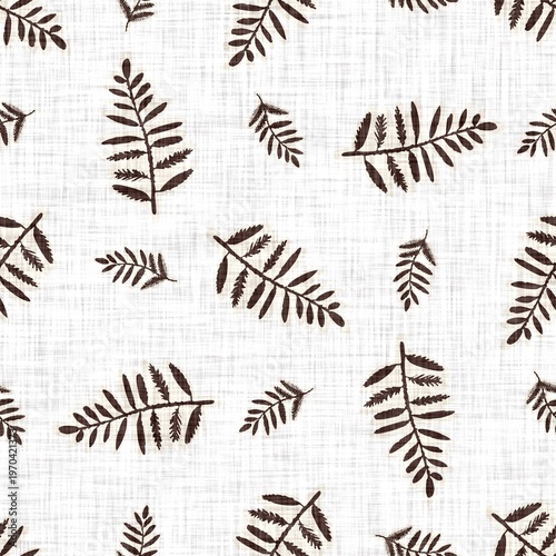 Seamless fern leaf raster pattern. For woodland nature home decor, linocut forest motif wallpaper. Whimsical leaf all over print. 