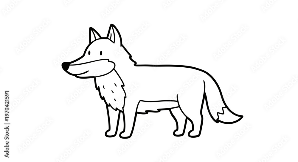 Fototapeta premium Cute Cartoon Wolf Line Art Illustration, Hand Drawn Wild Animal Outline Vector for Coloring Page, Minimalist Wolf or Fox Doodle Standing on White Background