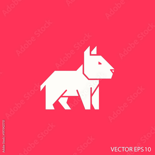 Geometric White Bull Terrier Dog Icon on Red Background.