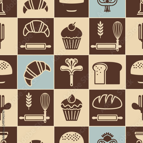Seamless Pattern of Delicious Baked Goods and Baking Utensils.