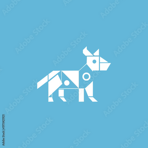 Geometric Origami Dog Icon on Blue Background.
