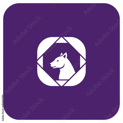 White Horse Head Silhouette Inside Geometric Frame on Purple Background.
