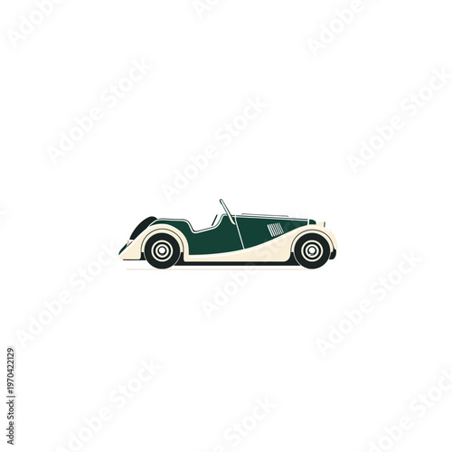 Illustration of a vintage open-top roadster car in green and cream, viewed from the side