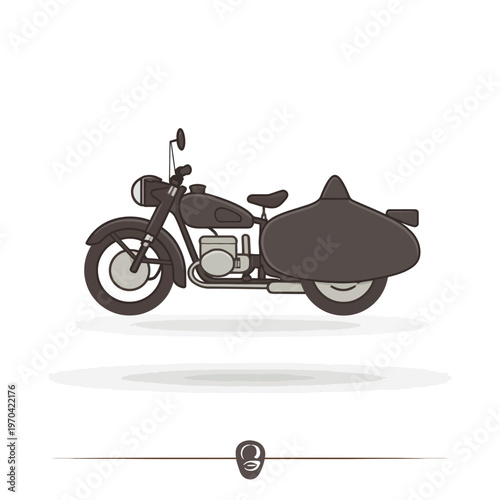 Illustration of a vintage motorcycle with sidecar in shades of grey on a white background