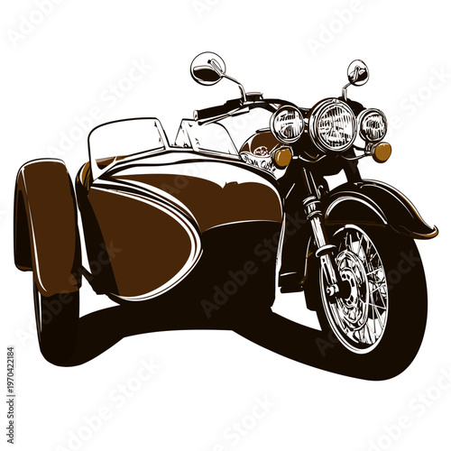 A stylized illustration depicting a motorcycle with a sidecar, rendered in shades of brown