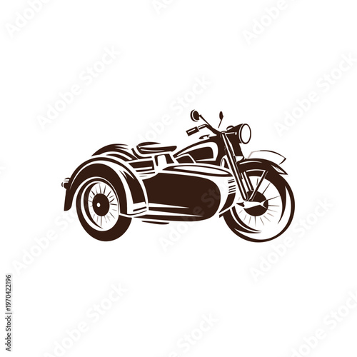 A detailed illustration of a vintage motorcycle with a sidecar, rendered in shades of brown