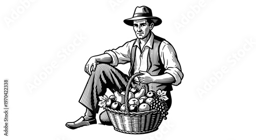 Vintage Woodcut Style Illustration of a Farmer Sitting Beside a Basket Filled with a Fresh Harvest of Apples Grapes and Pears