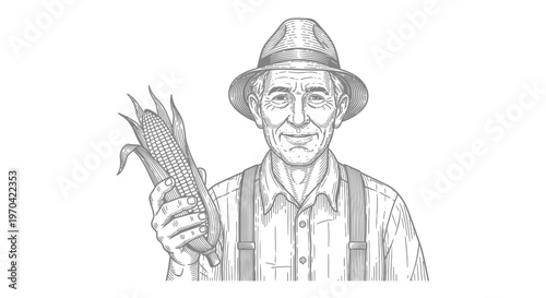 Elderly Farmer in Vintage Engraving Style Holding a Fresh Ear of Corn